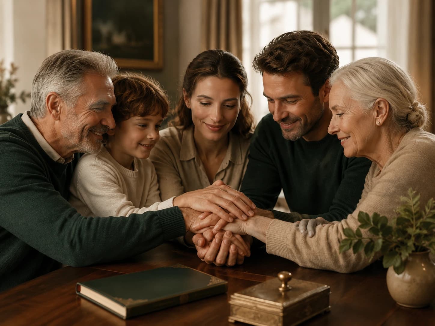 Mains de plusieurs generations symbolisant la famille et la succession