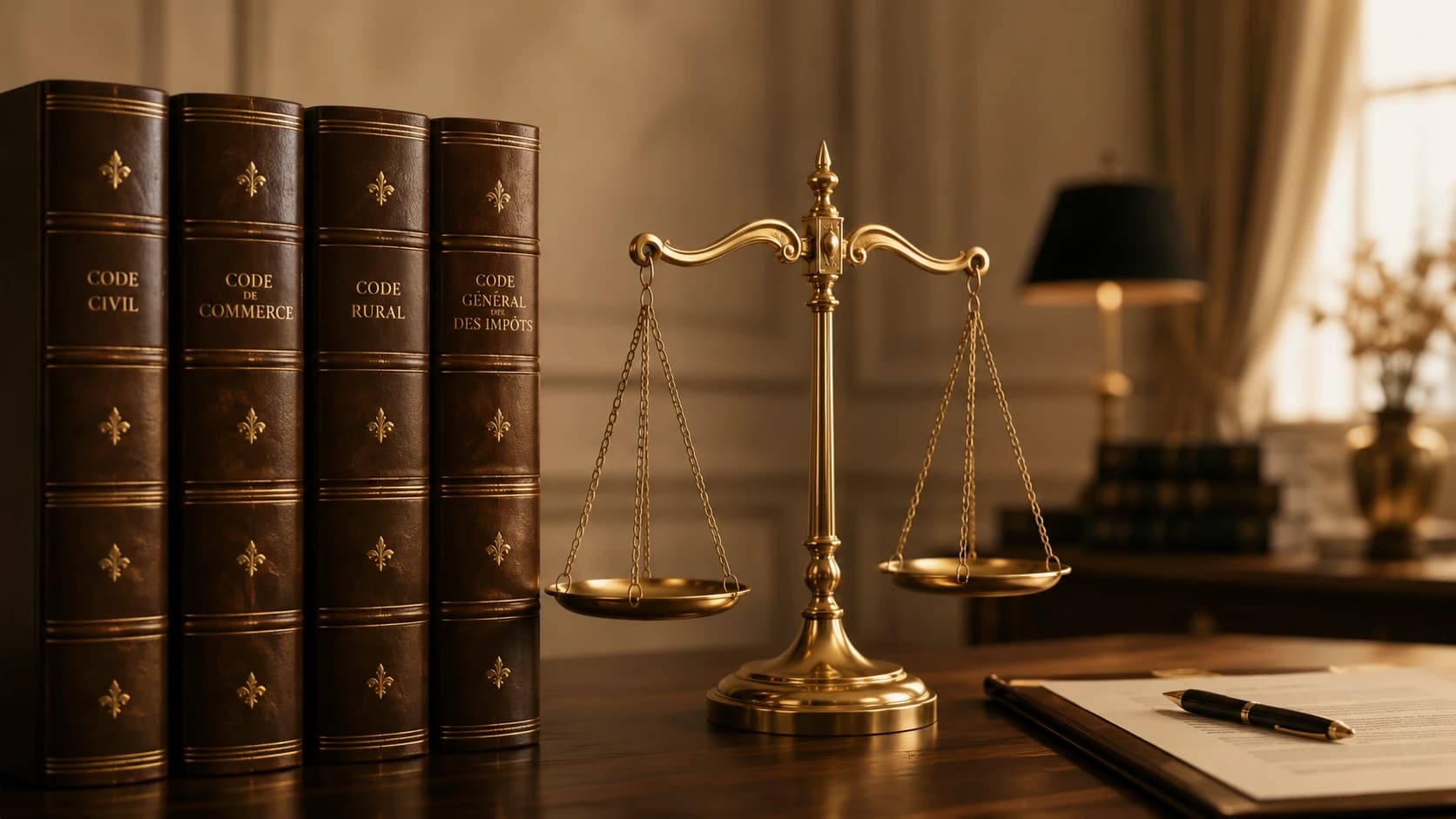 Livres de droit et balance de justice dans le bureau du cabinet